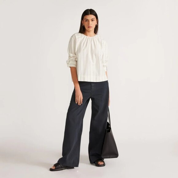 EVERLANE Ivory Striped Cotton Poplin Open Back Breeze Shirt Blouse, Size XS - Picture 3 of 16